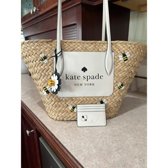 Kate Spade Honey Bee Straw Tote Bag With Matching Wallet Woven Straw Design Yell - Picture 3 of 9
